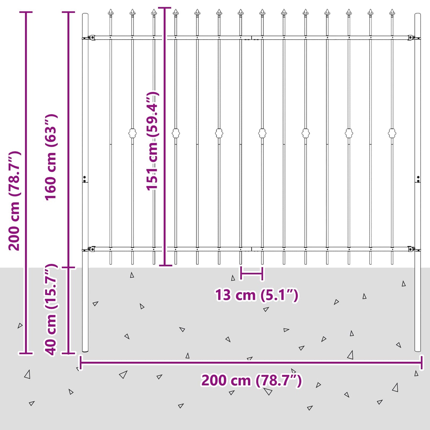 vidaXL Spießzaun Schwarz 200 x 200 cm Pulverbeschichteter Stahl