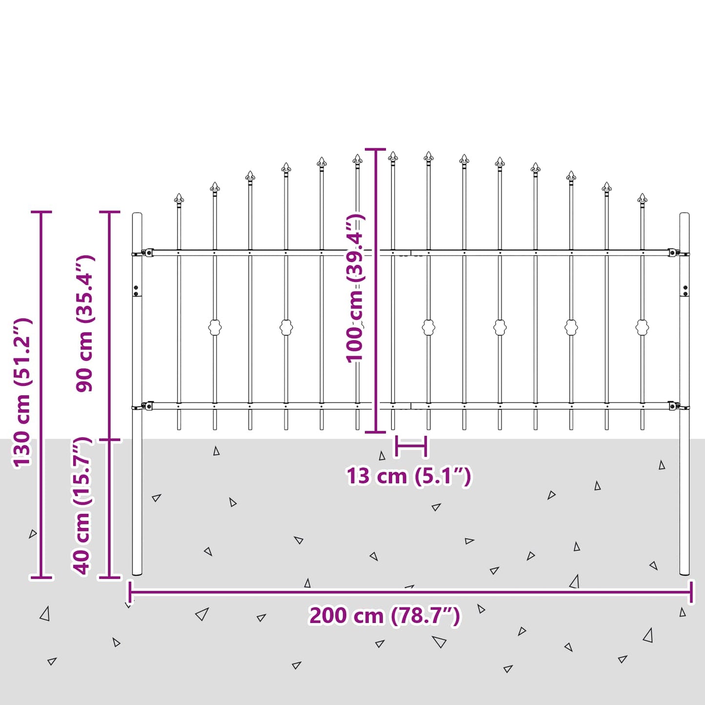 vidaXL Spießzaun Schwarz 200 x 130 cm Pulverbeschichteter Stahl