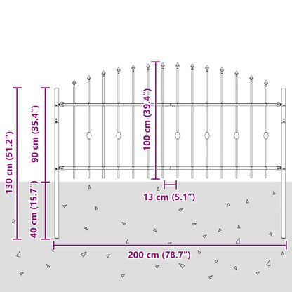 vidaXL Spießzaun Schwarz 200 x 130 cm Pulverbeschichteter Stahl