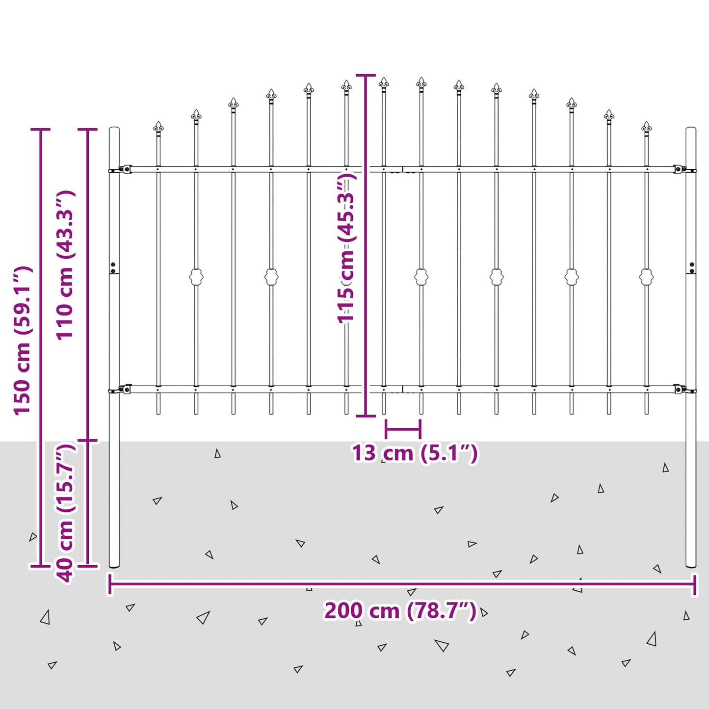 Spießzaun Schwarz 200 x 150 cm Pulverbeschichteter Stahl