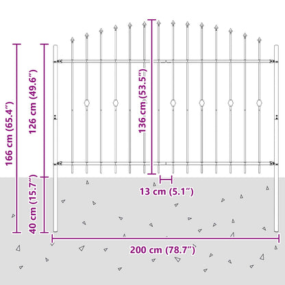 vidaXL Spießzaun Schwarz 200 x 130 cm Pulverbeschichteter Stahl