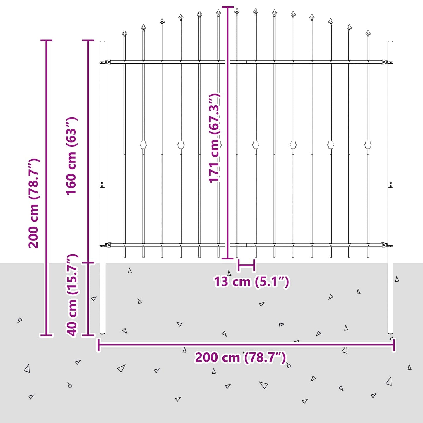 Spießzaun Schwarz 200 x 200 cm Pulverbeschichteter Stahl