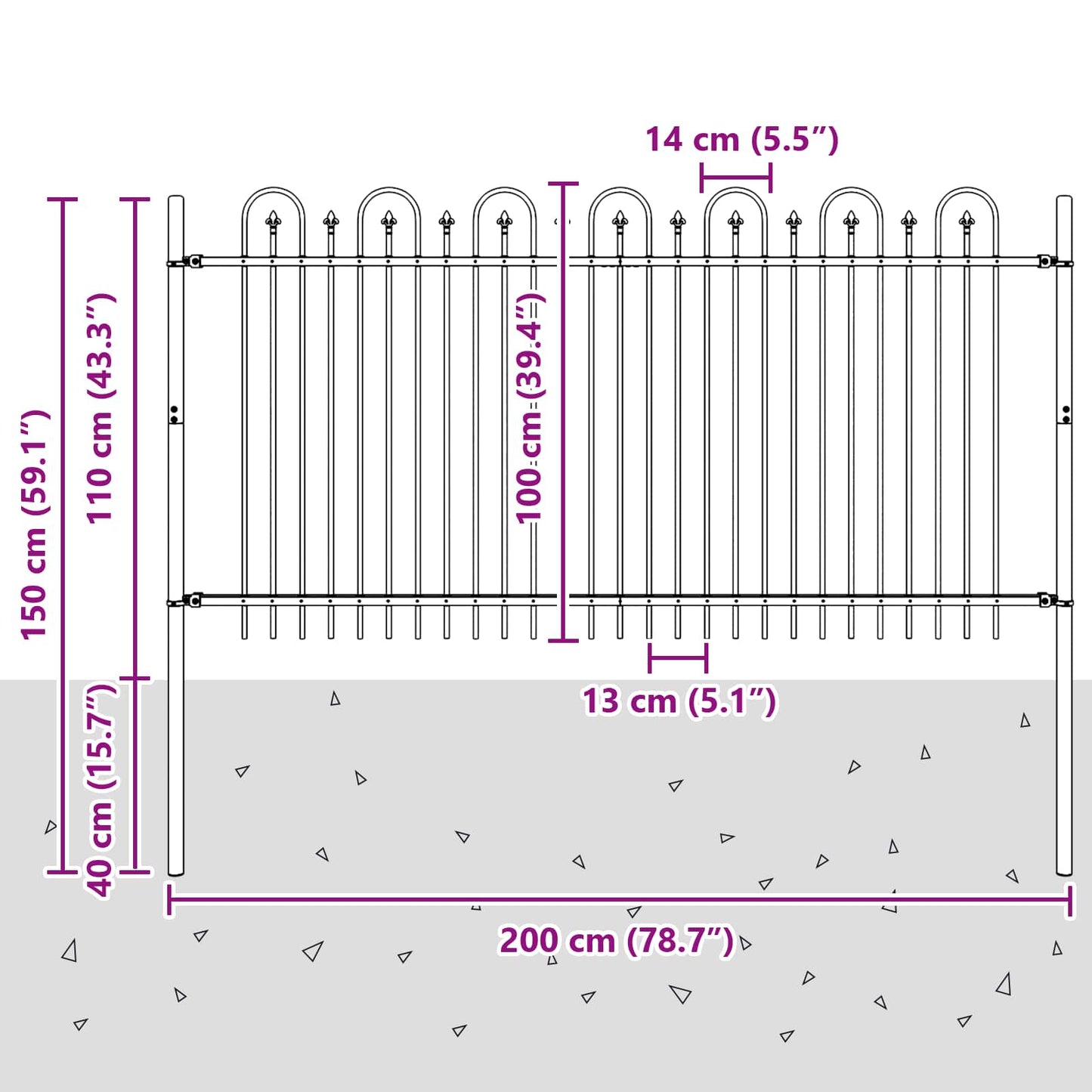 vidaXL Spitzenbogenzaun Schwarz 200 x 150 cm Pulverbeschichteter Stahl