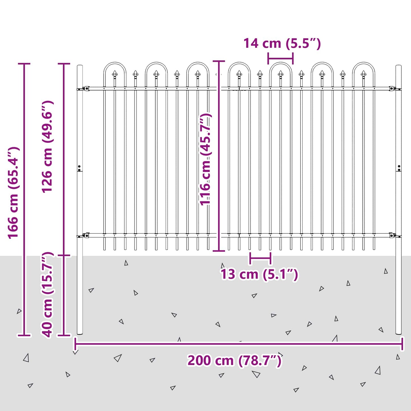 vidaXL Spitzenbogenzaun Schwarz 200 x 130 cm Pulverbeschichteter Stahl