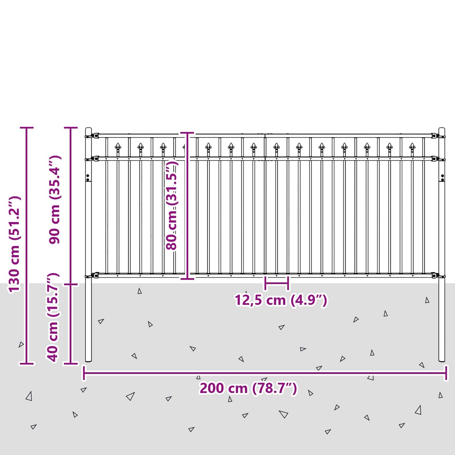 vidaXL Spitzenzaun Schwarz 200 x 130 cm Pulverbeschichteter Stahl