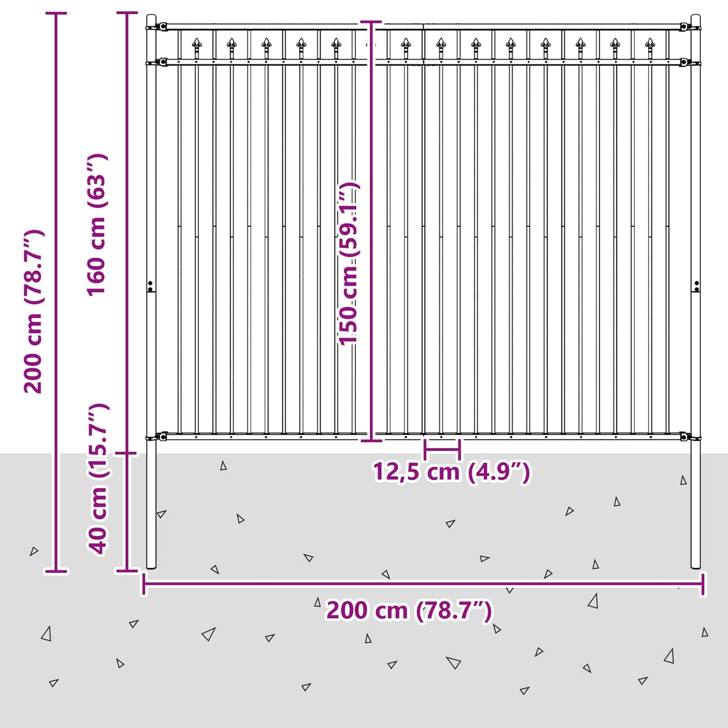 vidaXL Spitzenzaun Schwarz 200 x 200 cm Pulverbeschichteter Stahl