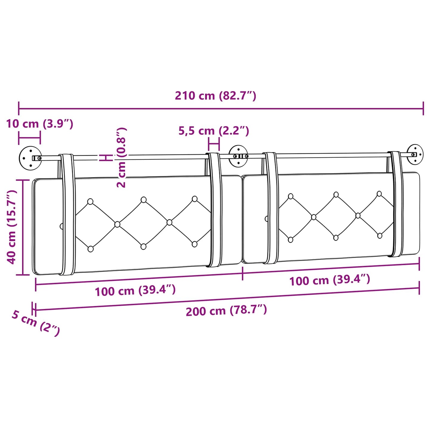Hängevorderseite Wandmontiert Creme 210 x 55 x 5 cm Kunstleder