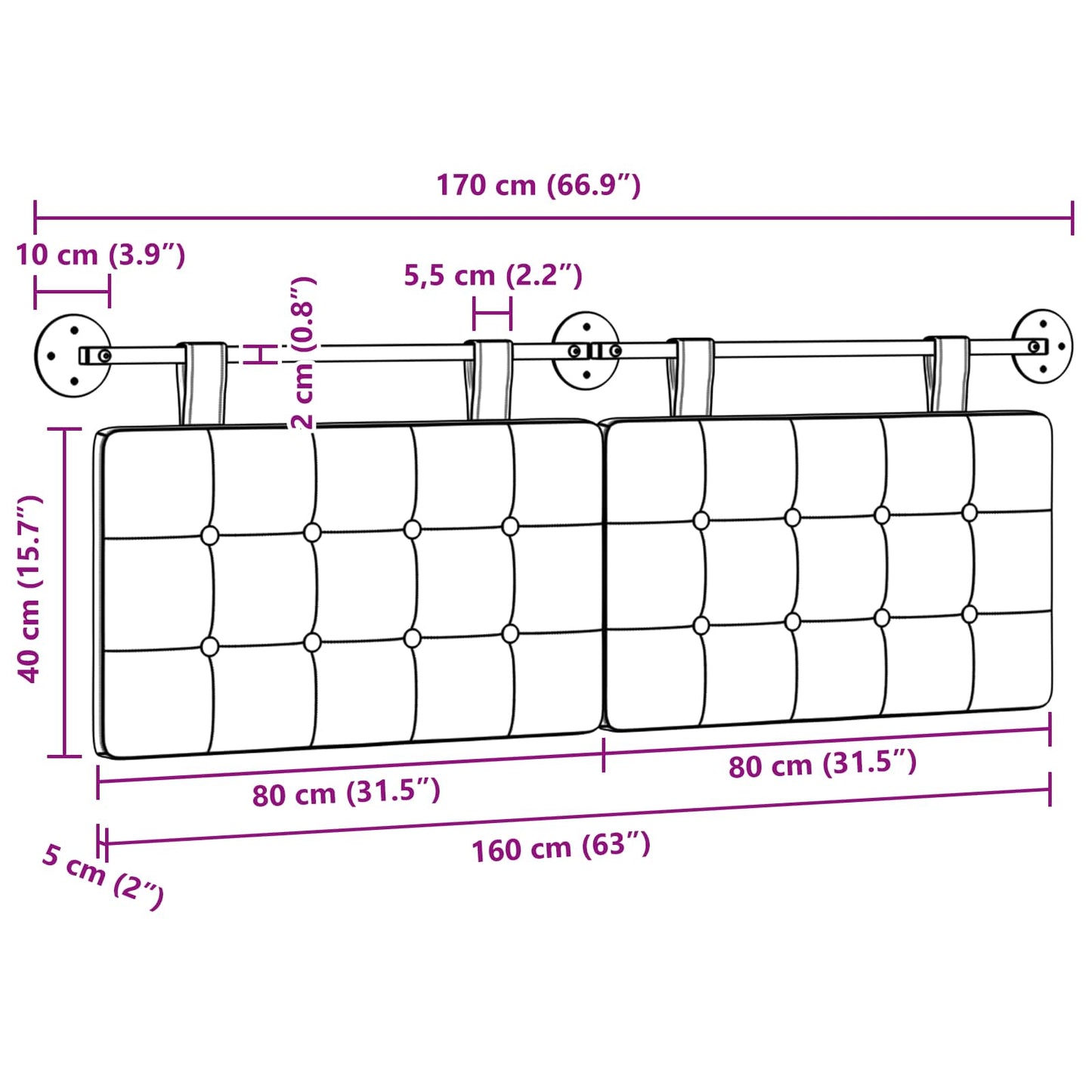 Hängevorderseite Wandmontiert Dunkelgrün 170 x 55 x 5 cm Stoff