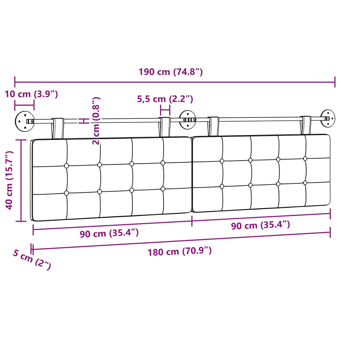 Hängevorderseite Wandmontiert Weiß 190 x 55 x 5 cm Stoff