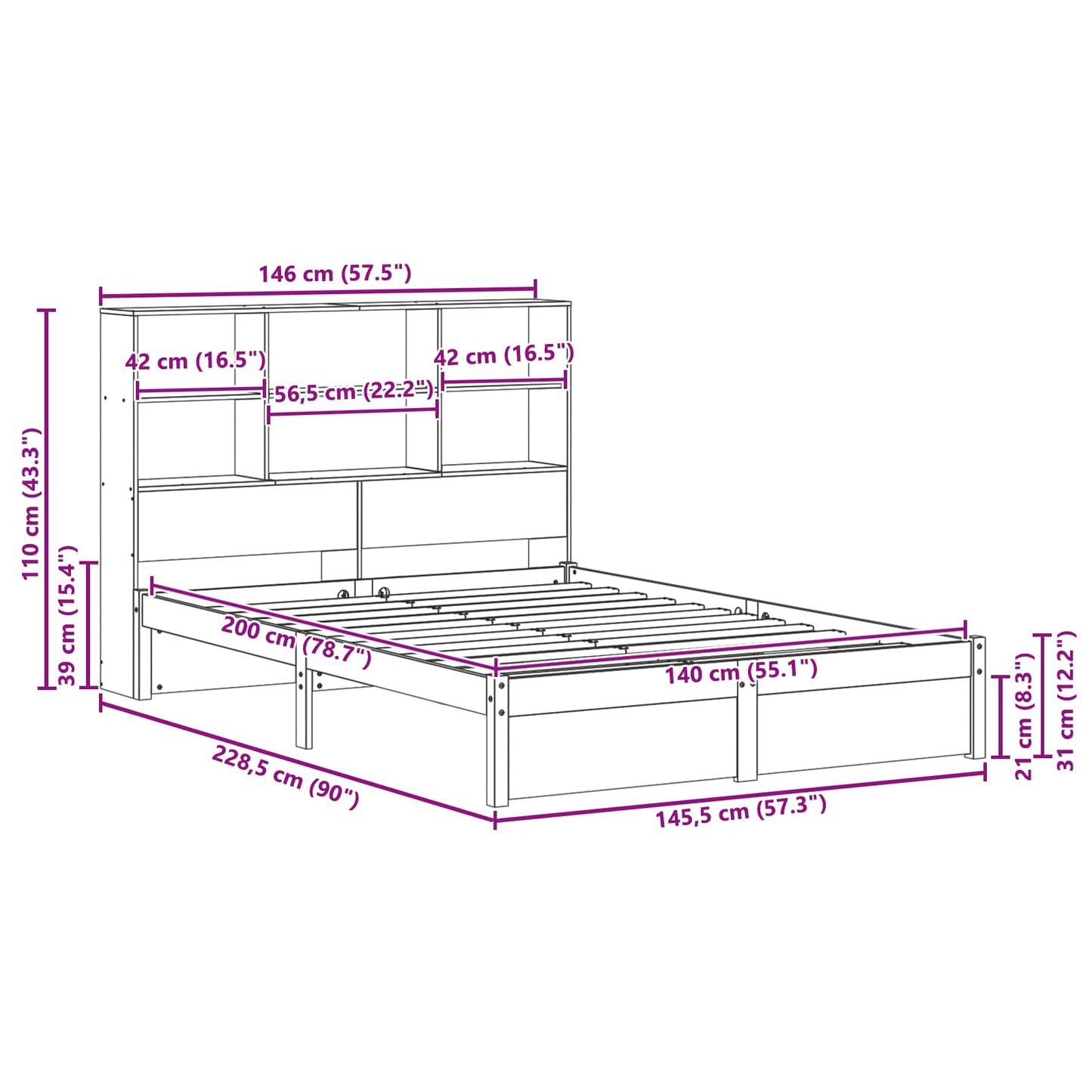 Bettgestell mit Aufbewahrungskopfteil Wachsbraun 140 x 200 cm