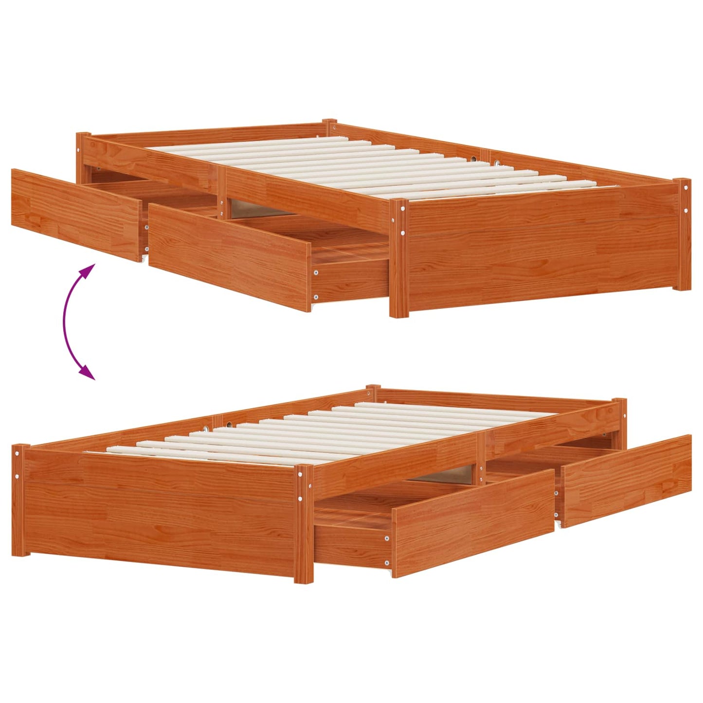 Bettrahmen mit Schubladen 3 pcs Wachsbraun Kiefernholz