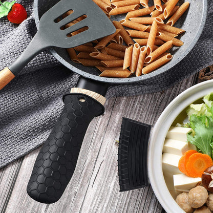 Patelai 8 Pcs Silicone Pot Holders Set Cast Iron Handle Cover Heat Resistant Pot Handle Covers Potholder Non Slip Reusable Pan Sleeve for Frying Pan Kitchen Supplies(Black)