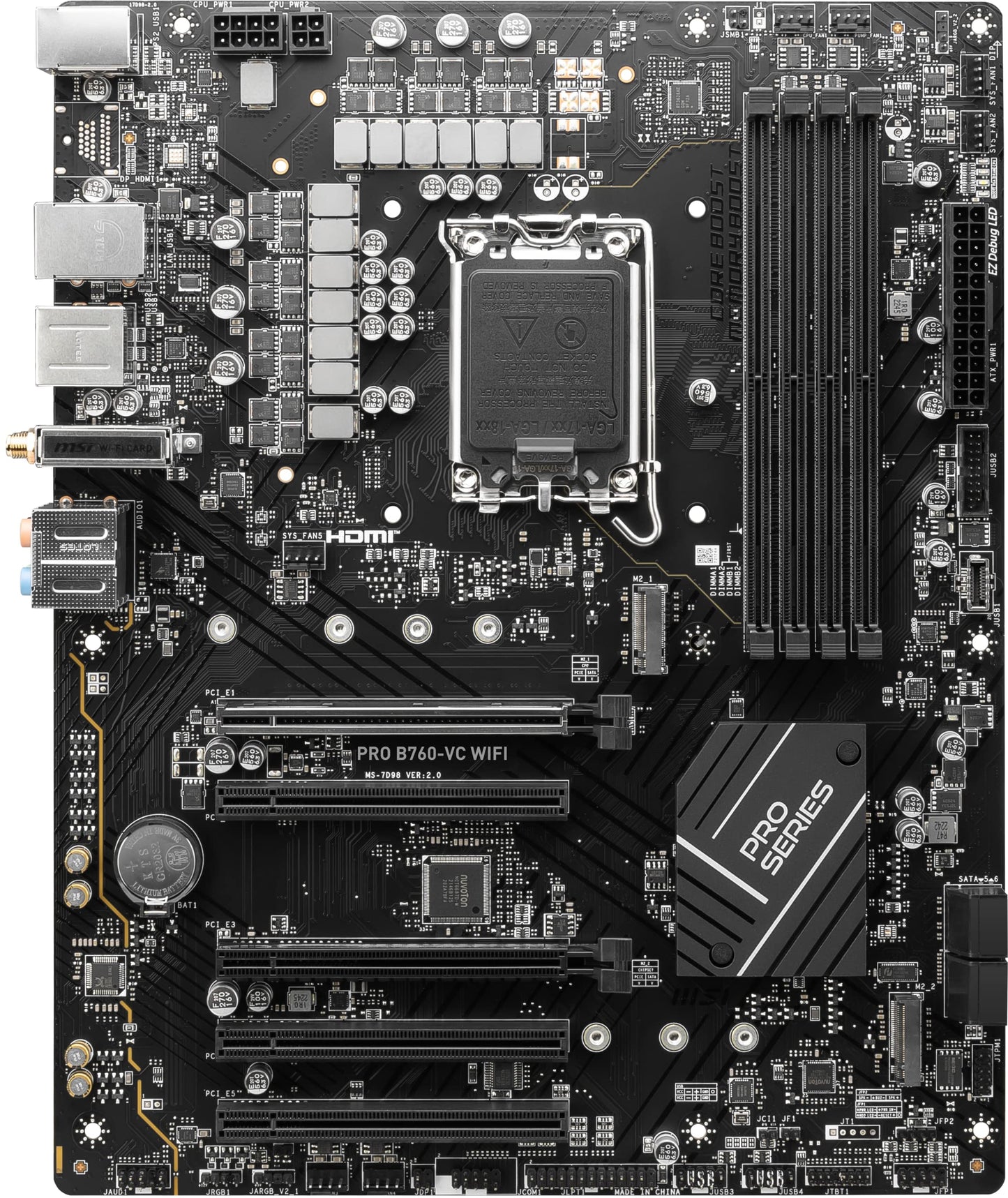 MSI PRO B760-VC WiFi ProSeries Mainboard (Unterstützt Intel Prozessoren der 12./13. Generation, LGA 1700, DDR5, PCIe 4.0, M.2, 2,5 Gbit/s LAN, USB 3.2 Gen2, Wi-Fi 5, ATX) (Generalüberholt)