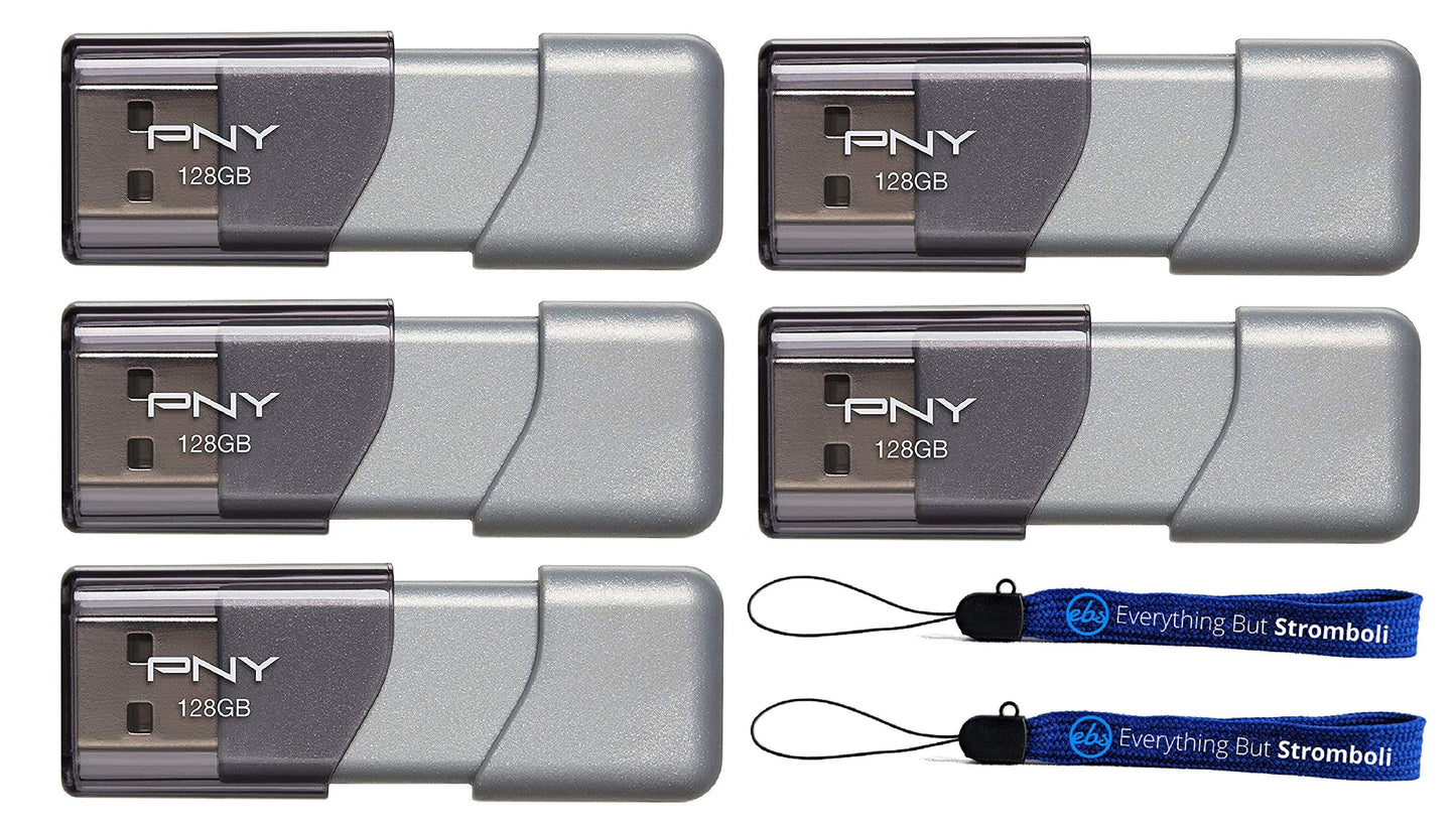 PNY 128 GB USB 3.0 Flash-Laufwerk Elite Turbo Attache 3 (5er-Pack) Modell P-FD128TBOP-GE im Bundle mit (2) Everything But Stromboli Lanyards