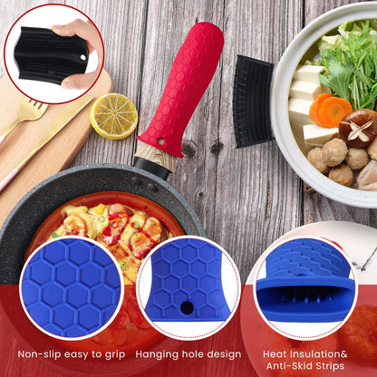 Patelai 8 Pcs Silicone Pot Holders Set Cast Iron Handle Cover Heat Resistant Pot Handle Covers Potholder Non Slip Reusable Pan Sleeve for Frying Pan Kitchen Supplies(Black)