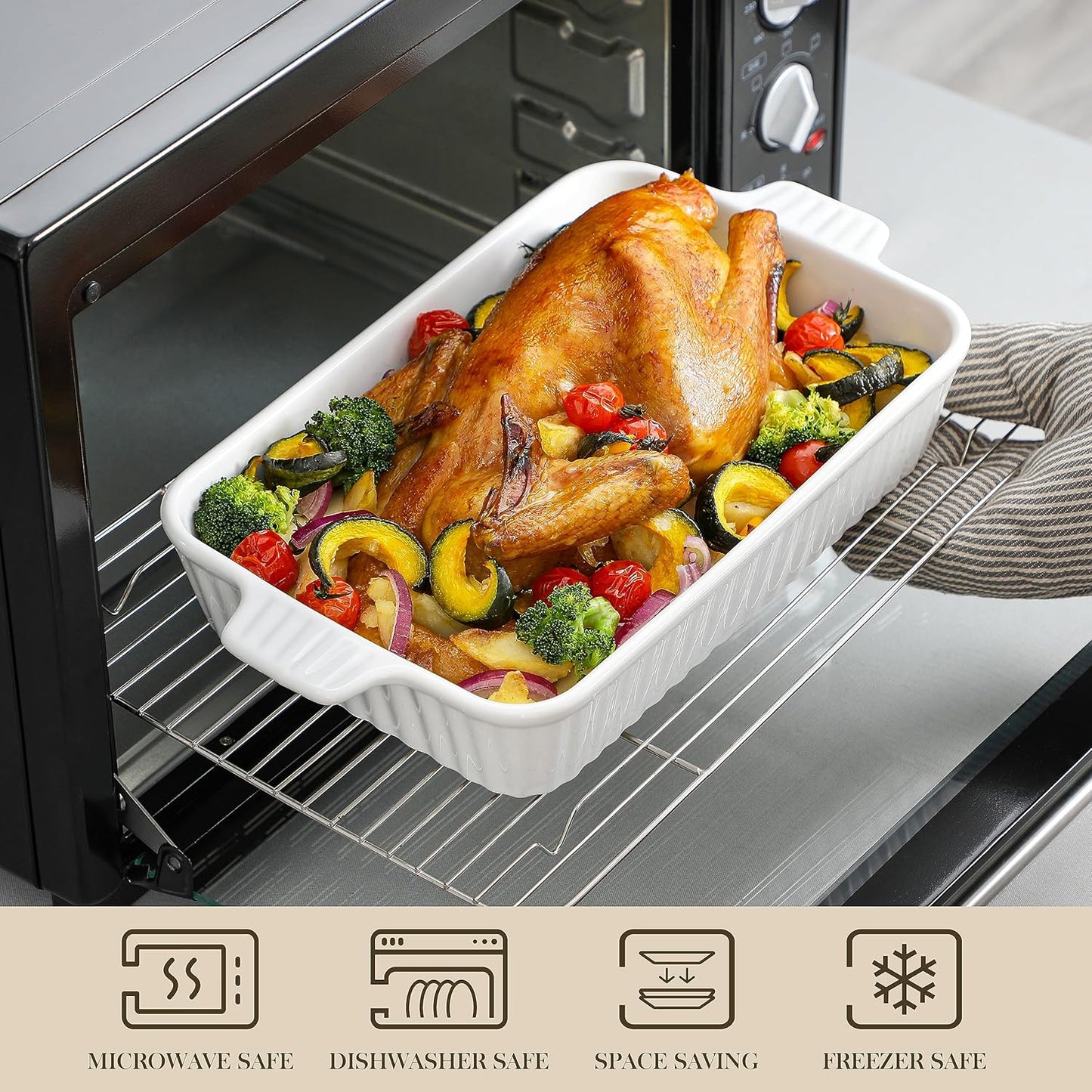 MALACASA Auflaufformen für den Backofen, Porzellan-Backformen, Keramik-Backformen-Sets, 4-teilig, rechteckige Lasagneformen mit Griffen, Weiß (23,9 cm/28,2 cm/31 cm/37,3 cm), Serie 