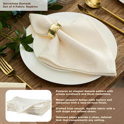 Newbridge Barcelona Luxury Damask Fabric Napkins, Set of 4 Square Napkins, Antique White, 100% Polyester, No Iron, Soil Resistant Dining Room, Party and Banquet Napkins