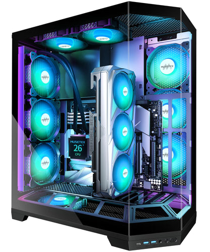 MUSETEX PC-Gehäuse, vertikale GPU-Montage, 5 vorinstallierte PWM-ARGB-Lüfter, Unterstützung für 360-mm-Radiatoren, ATX-Midi-Tower-Gaming-PC-Gehäuse mit USB-C-Anschluss, 270°-Vollbild-Seitenwand aus gehärtetem Glas, Schwarz, GR3