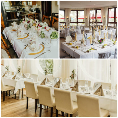 ZarzaaSik 2er-Pack weiße Tischdecken (152 x 259 cm), einfarbig, flecken- und knitterbeständig, rechteckig, aus hochwertigem, glattem Polyestergewebe, ideal für Hotels und Hochzeiten