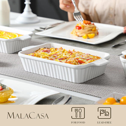 MALACASA Auflaufformen für den Backofen, Porzellan-Backformen, Keramik-Backformen-Sets, 4-teilig, rechteckige Lasagneformen mit Griffen, Weiß (23,9 cm/28,2 cm/31 cm/37,3 cm), Serie 