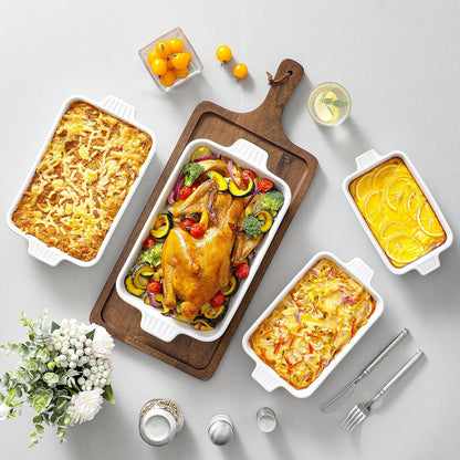 MALACASA Auflaufformen für den Backofen, Porzellan-Backformen, Keramik-Backformen-Sets, 4-teilig, rechteckige Lasagneformen mit Griffen, Weiß (23,9 cm/28,2 cm/31 cm/37,3 cm), Serie 