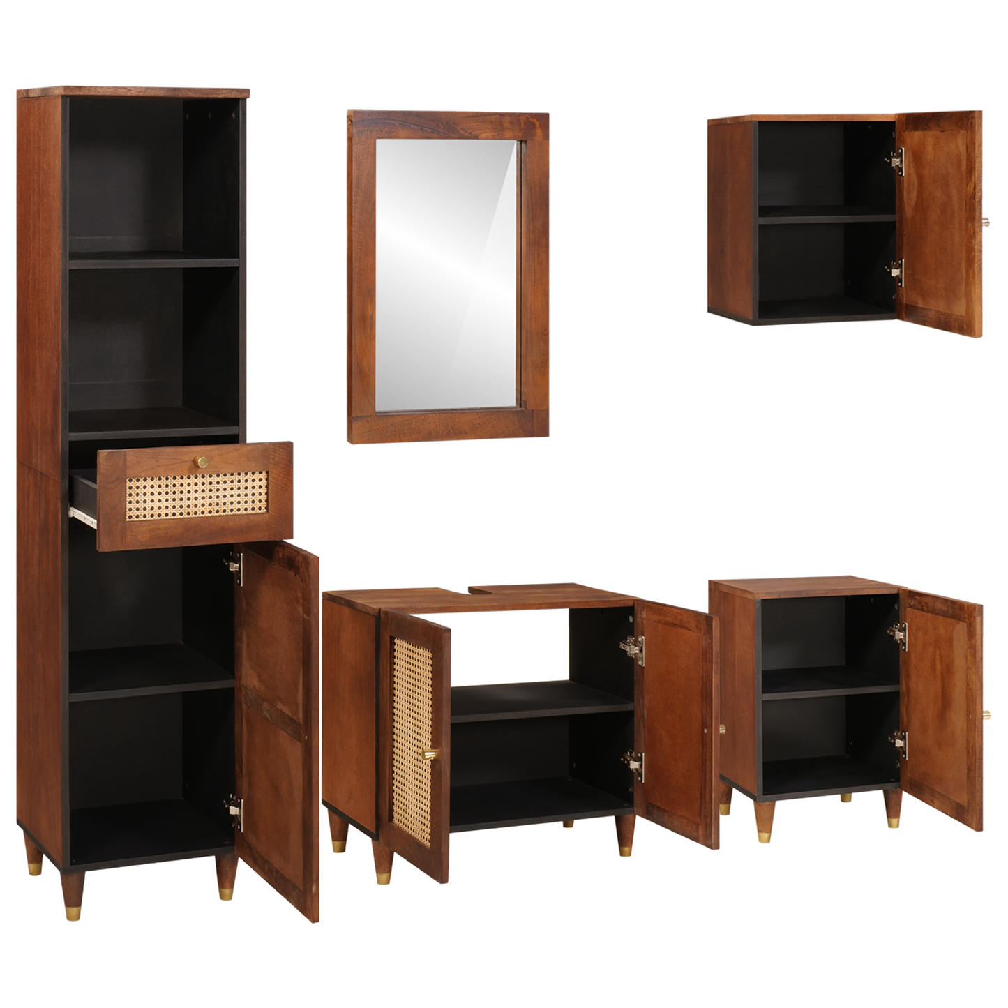 vidaXL Badezimmerschrank 5 pcs Braun und Schwarz Massivholz Mango