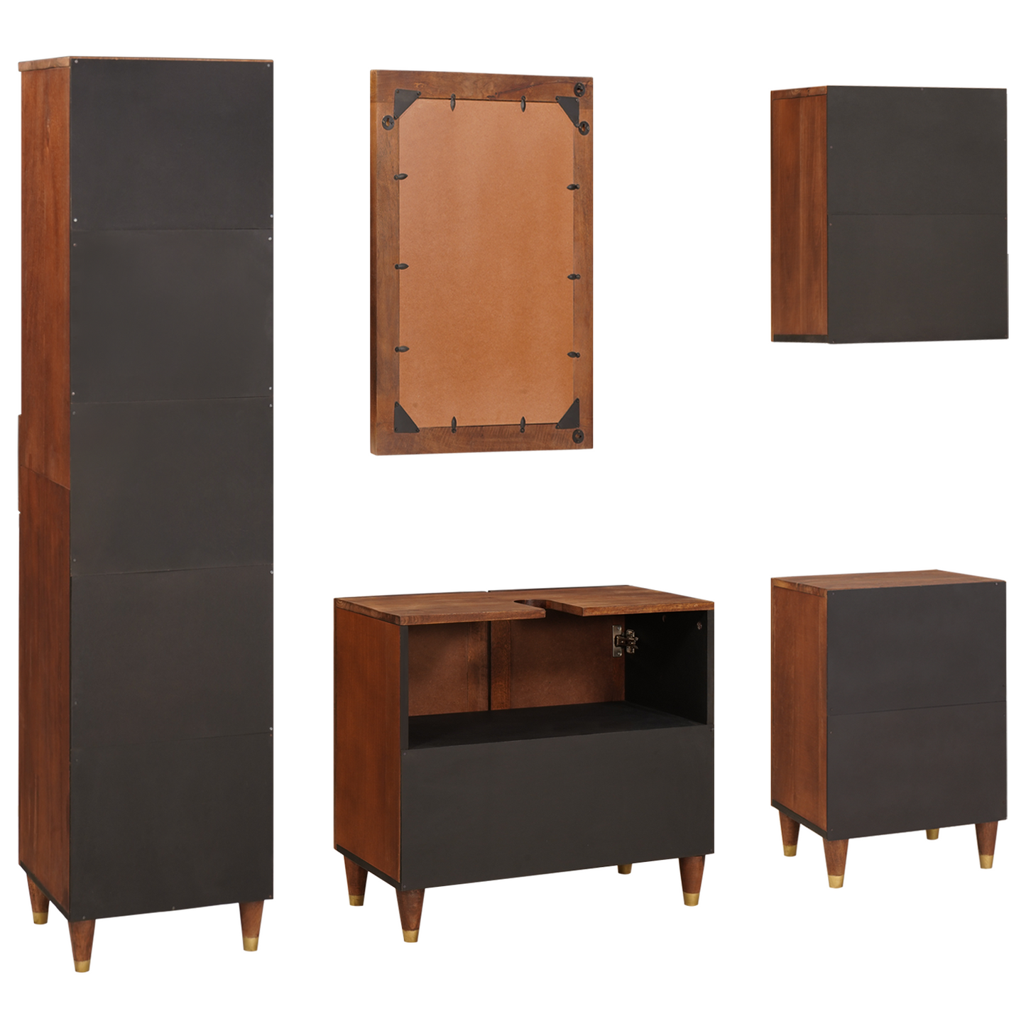vidaXL Badezimmerschrank 5 pcs Braun und Schwarz Massivholz Mango