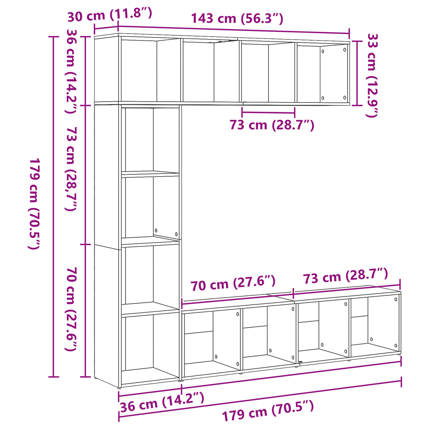 vidaXL Bücherregal 3 pcs Schwarz Eichen-Optik 36 x 30 x 143 cm