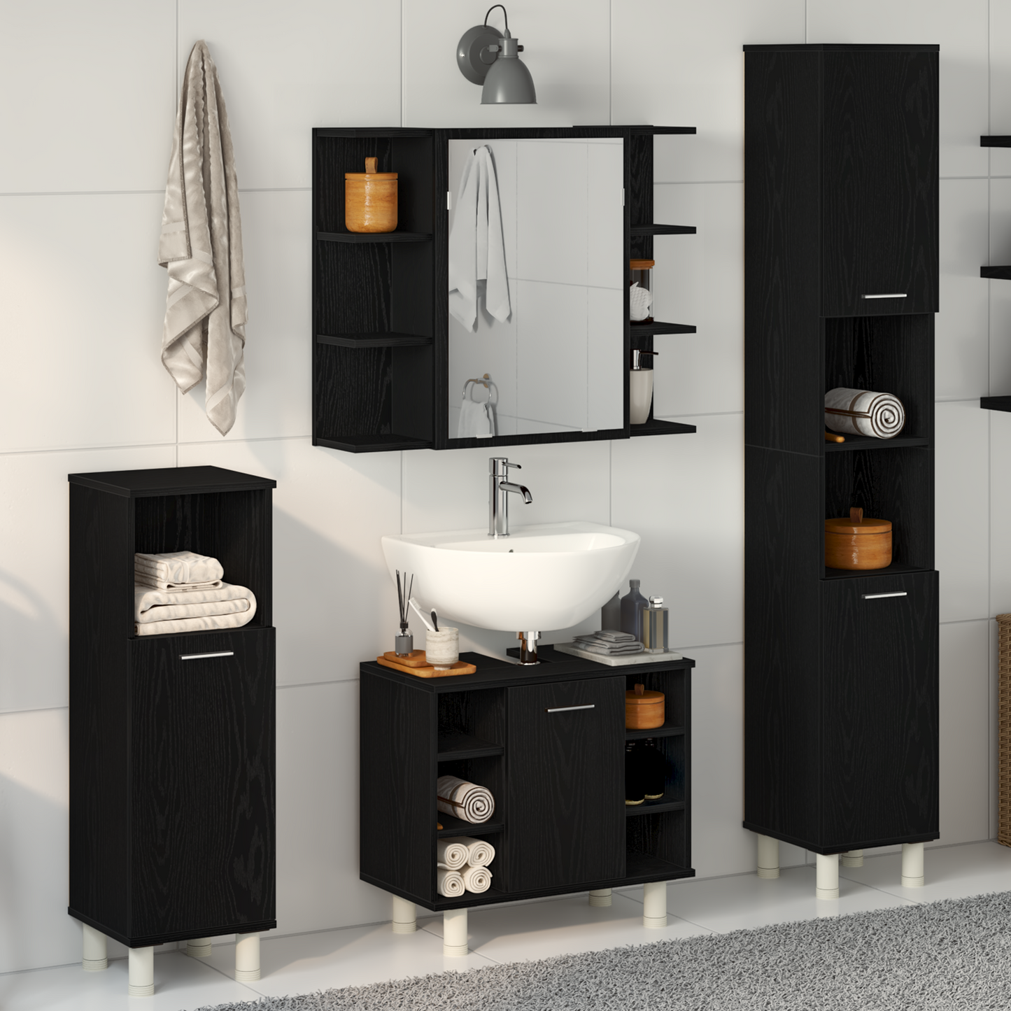 vidaXL Badezimmermöbel-Set mit Regal 4 pcs Schwarz 30 x 30 x 179,5 cm
