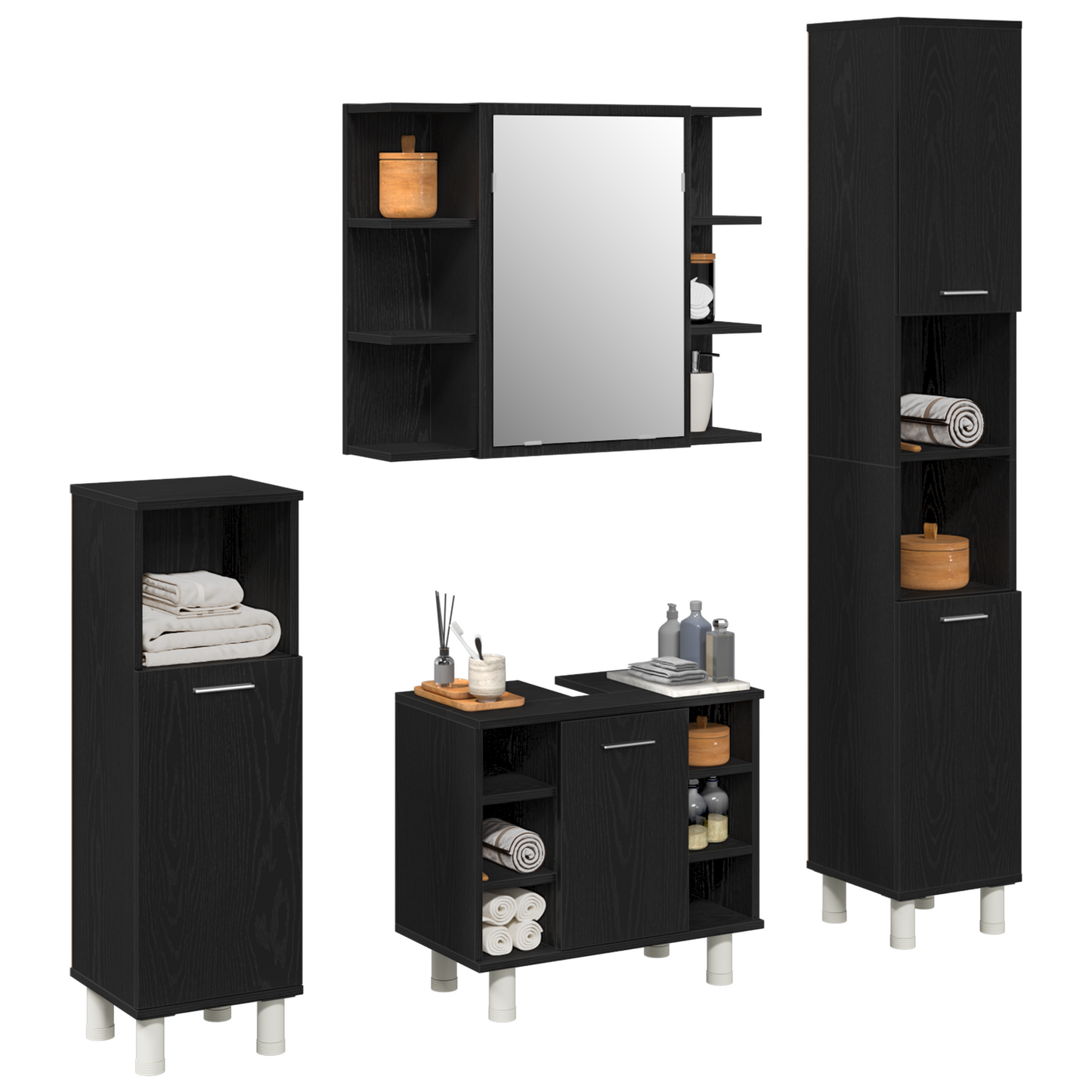 vidaXL Badezimmermöbel-Set mit Regal 4 pcs Schwarz 30 x 30 x 179,5 cm