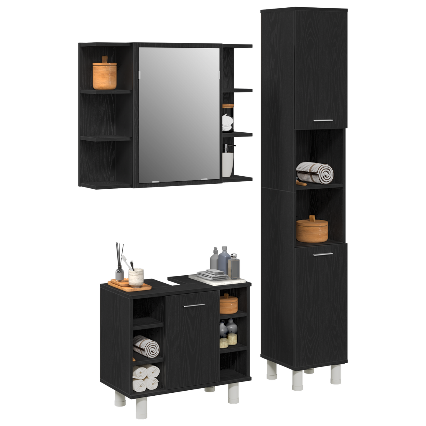 vidaXL Badezimmermöbel-Set mit Regal 3 pcs Schwarz 30 x 30 x 179,5 cm