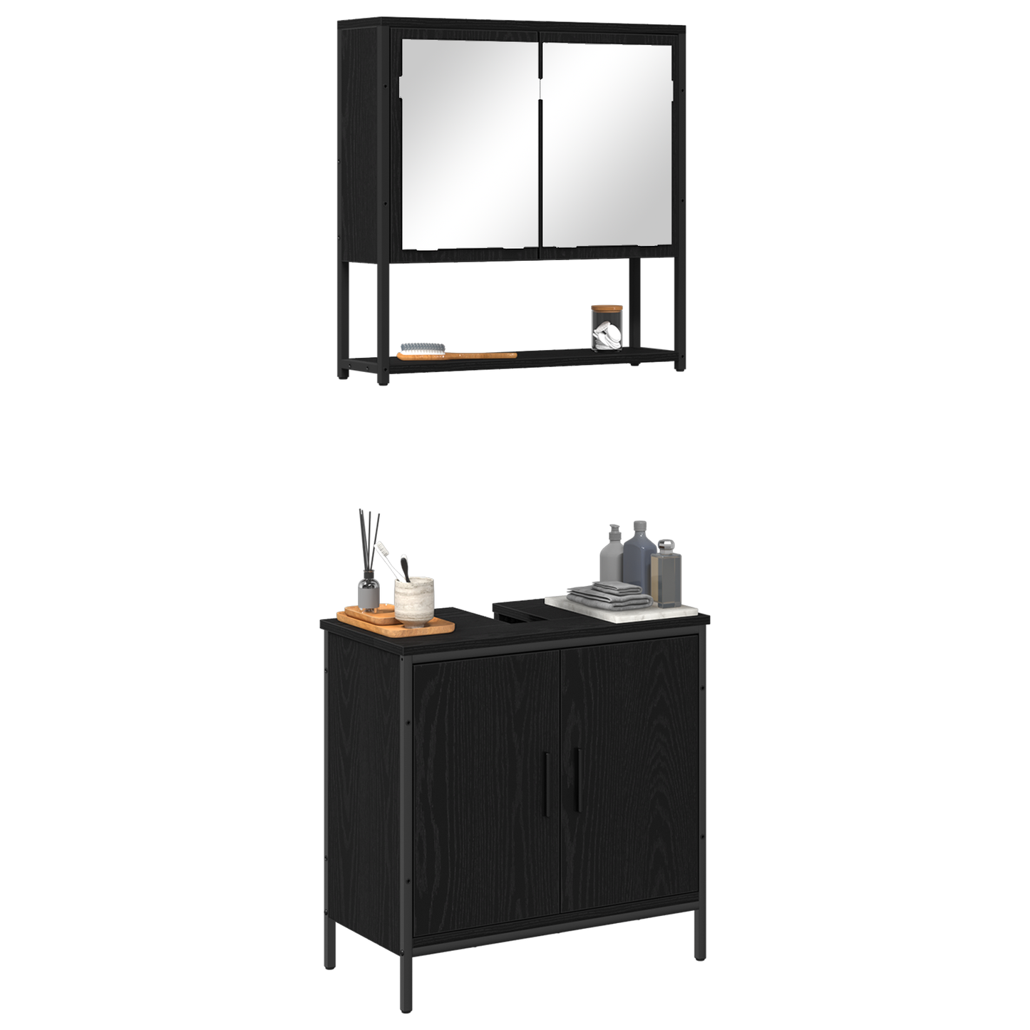 vidaXL Badezimmermöbel-Set mit Regal 2 pcs Schwarz Holzwerkstoff