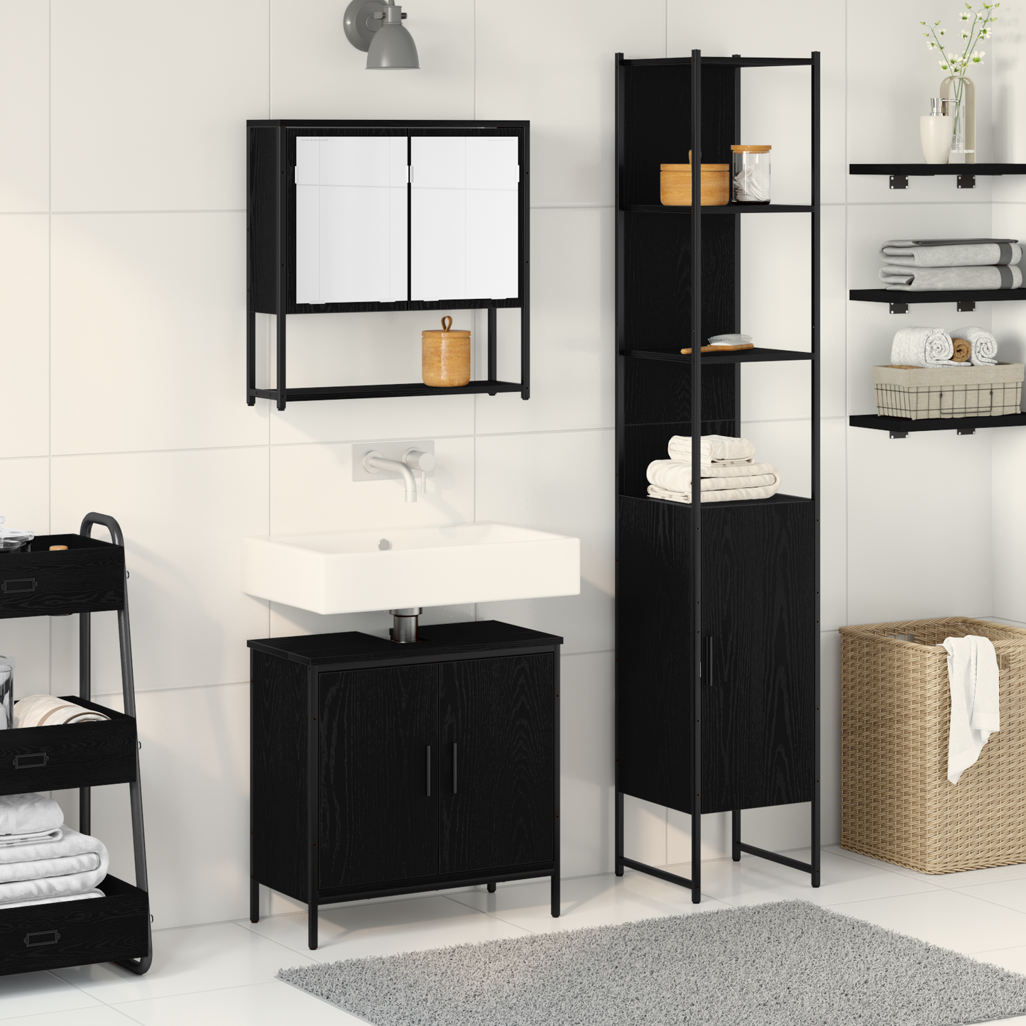 vidaXL Badezimmermöbel-Set mit Regal 3 pcs Schwarz Holzwerkstoff