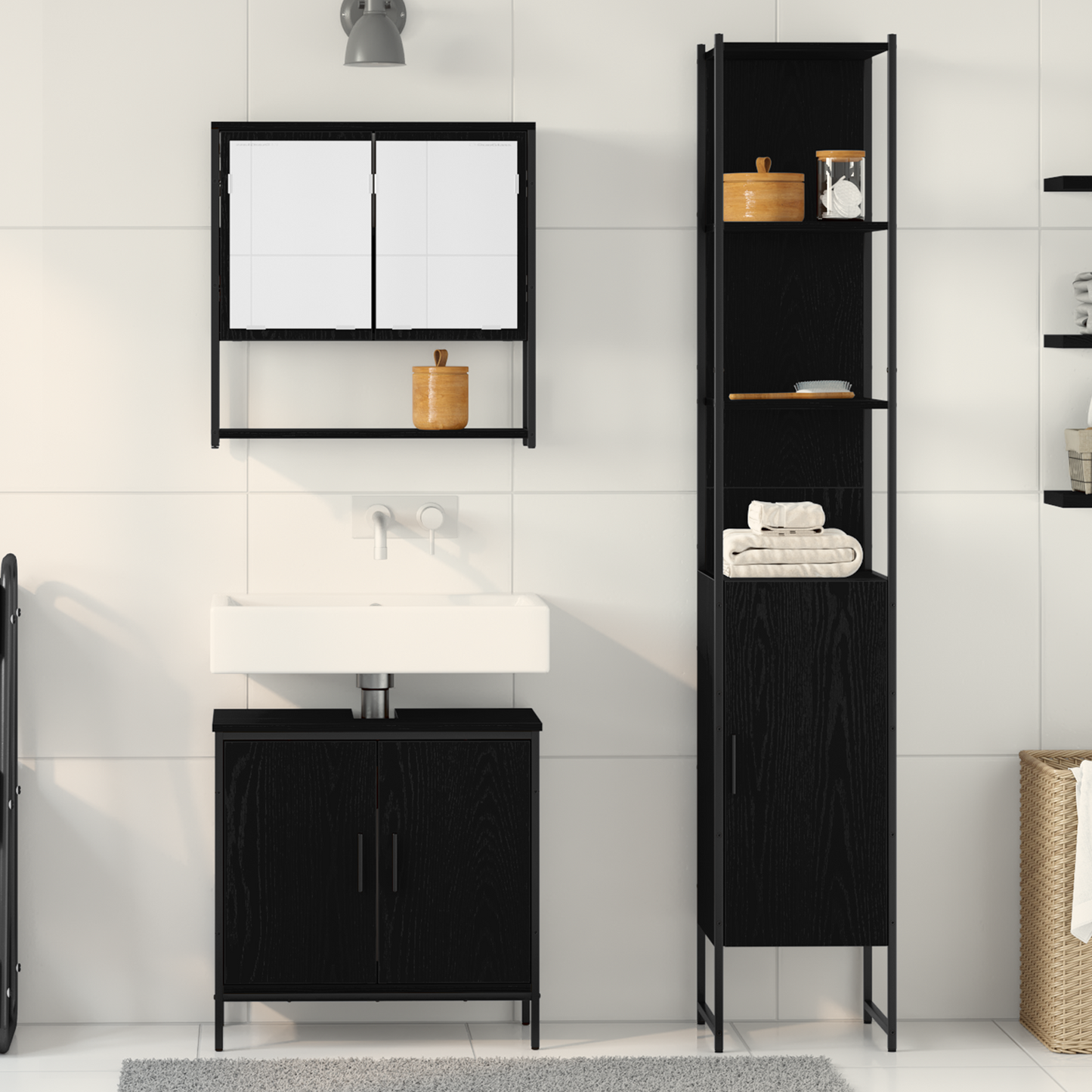 vidaXL Badezimmermöbel-Set mit Regal 3 pcs Schwarz Holzwerkstoff