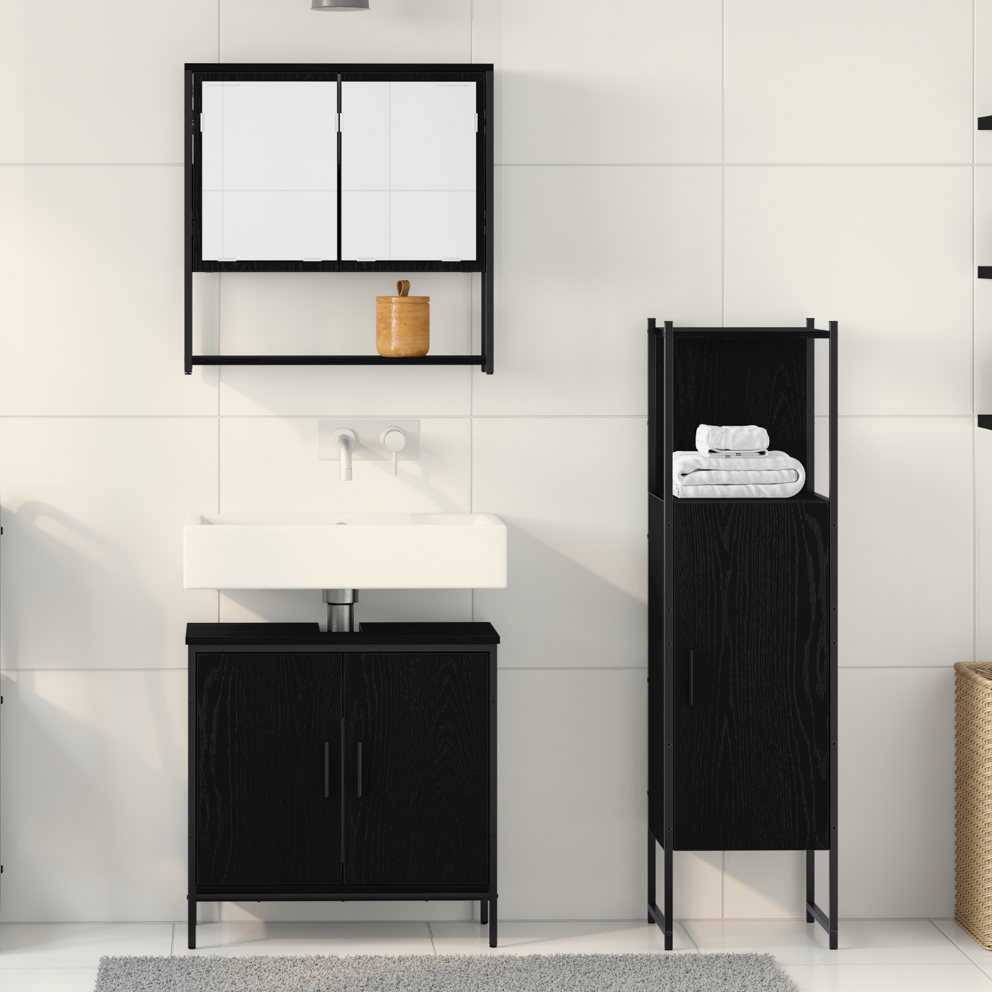vidaXL Badezimmermöbel-Set mit Regal 3 pcs Schwarz Holzwerkstoff