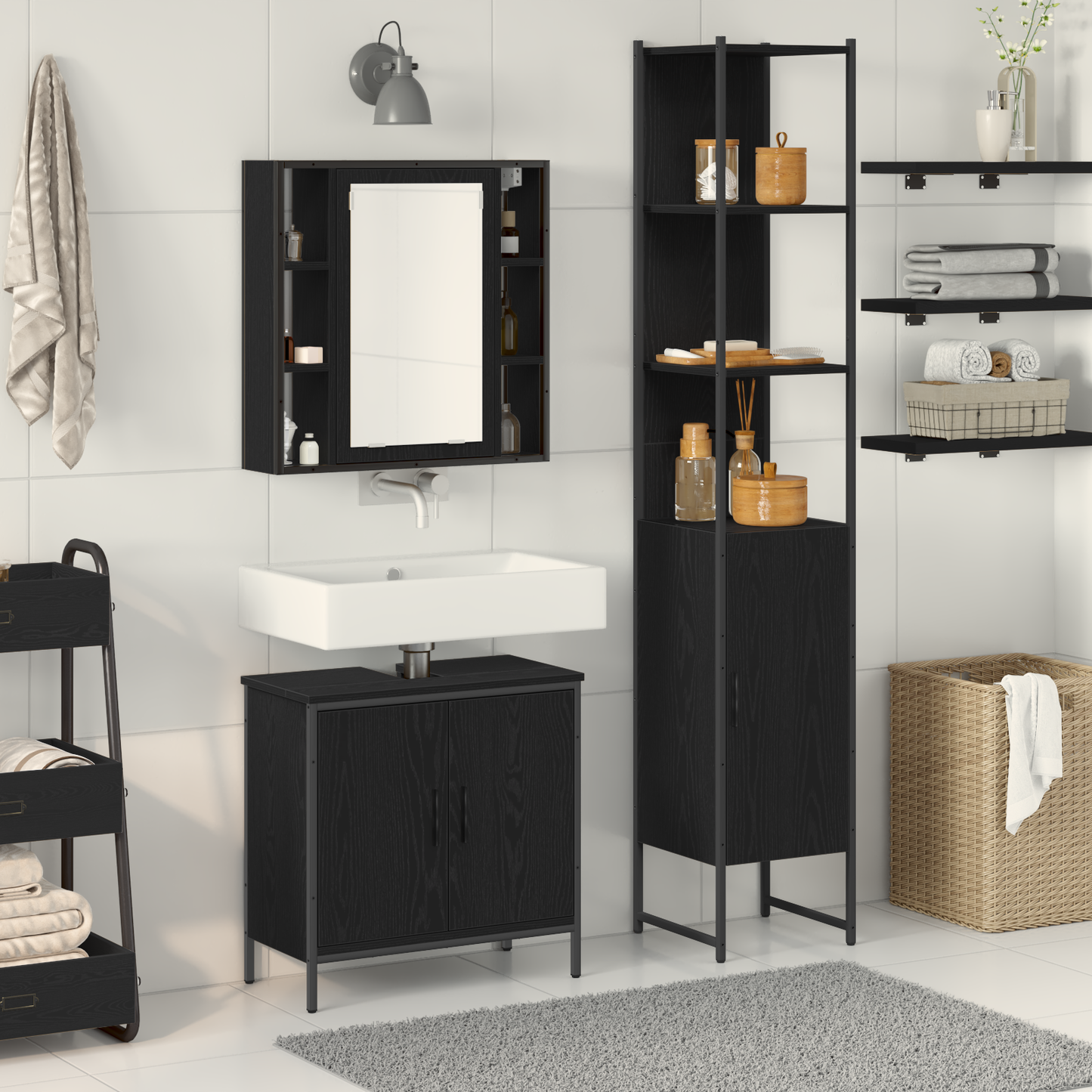 vidaXL Badezimmer Waschbeckenmöbel mit Tür 3 pcs Schwarz Holzwerkstoff
