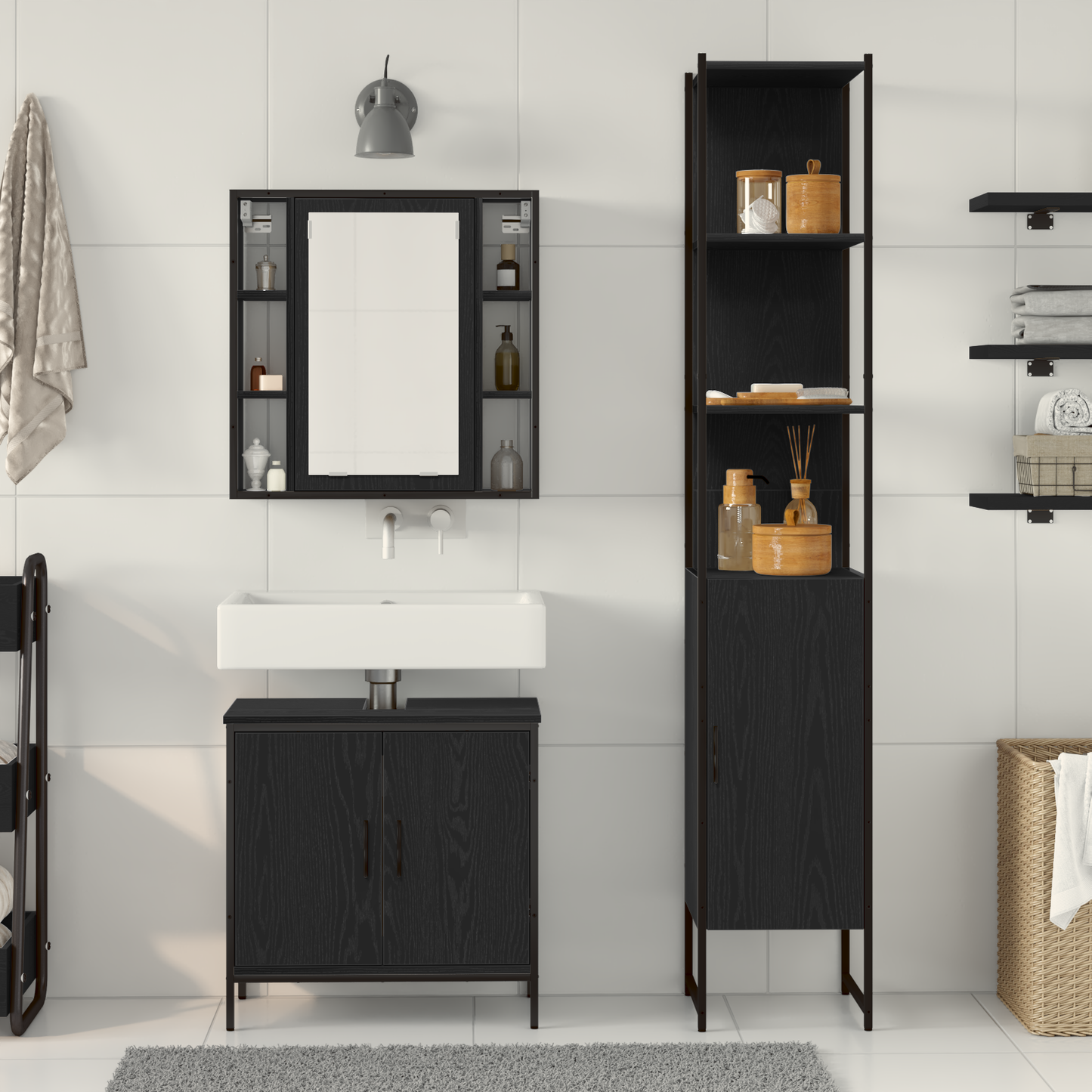 vidaXL Badezimmer Waschbeckenmöbel mit Tür 3 pcs Schwarz Holzwerkstoff