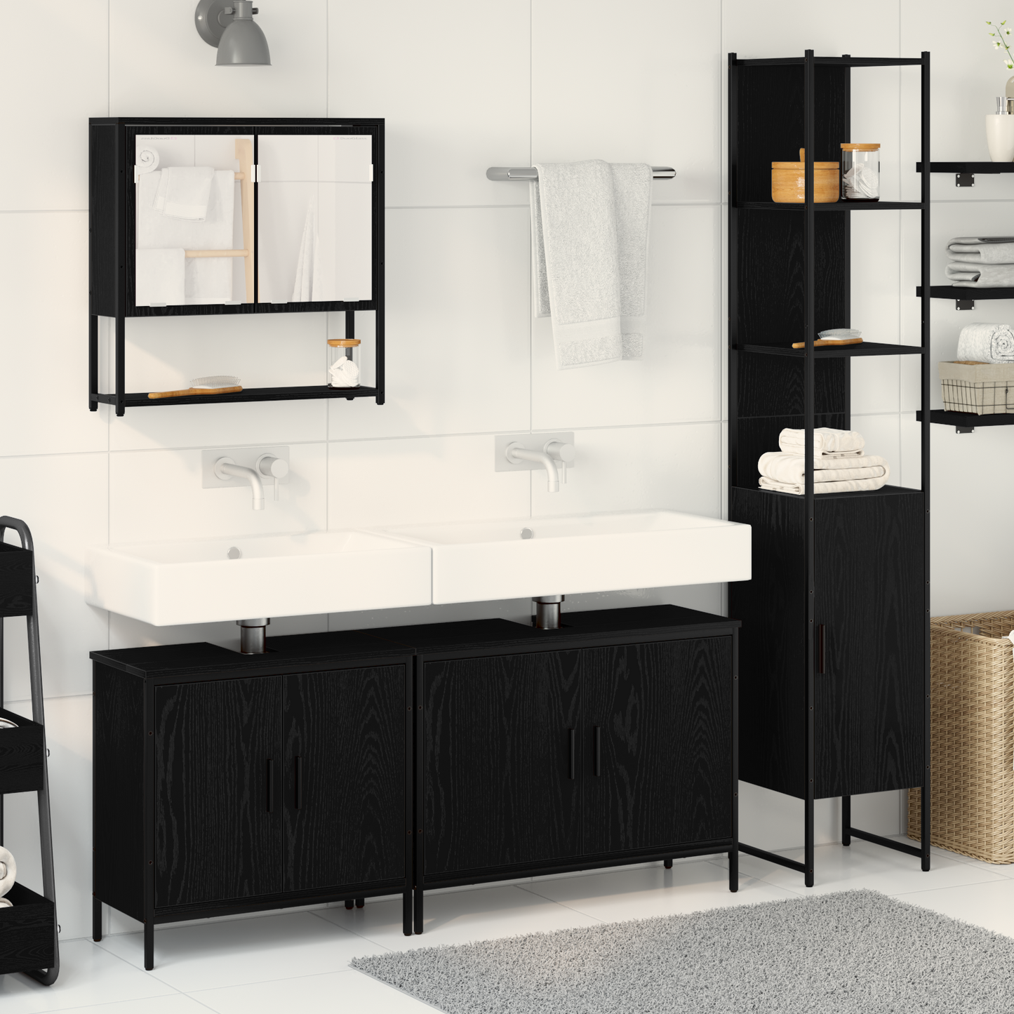 vidaXL Badezimmermöbel-Set mit Regal 4 pcs Schwarz Holzwerkstoff