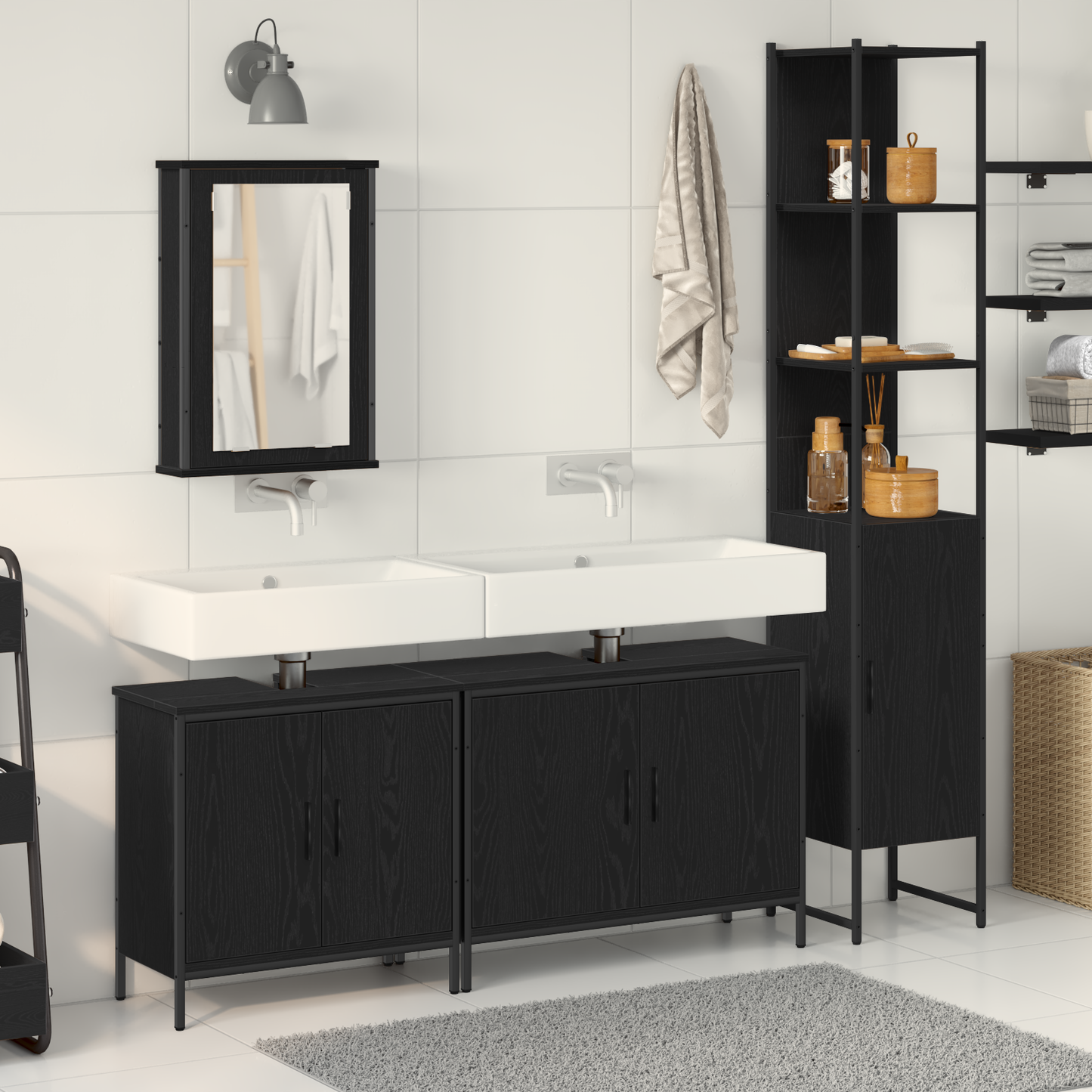 vidaXL Badezimmermöbel-Set mit Regal 4 pcs Schwarz Holzwerkstoff