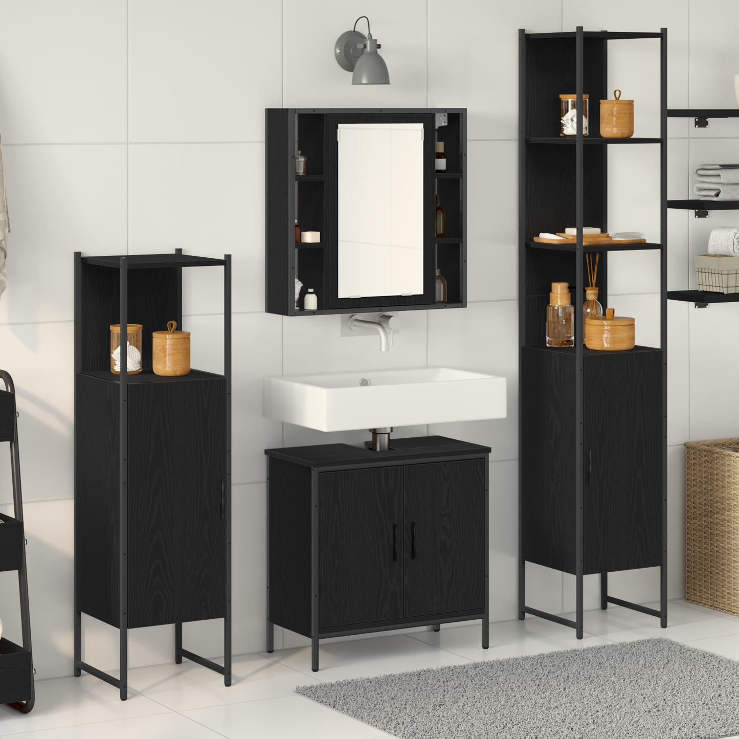 vidaXL Badezimmermöbel-Set mit Regal 4 pcs Schwarz Holzwerkstoff