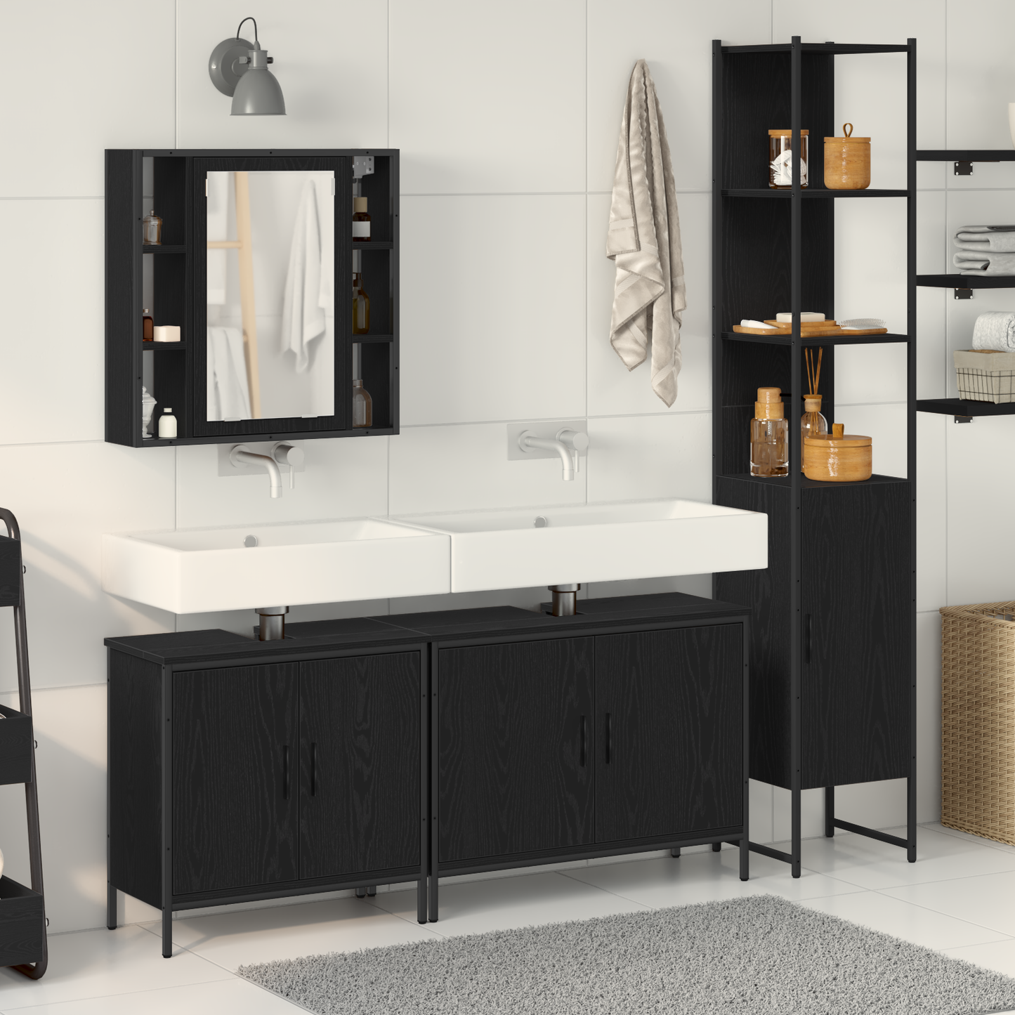 vidaXL Badezimmermöbel-Set mit Regal 4 pcs Schwarz Holzwerkstoff