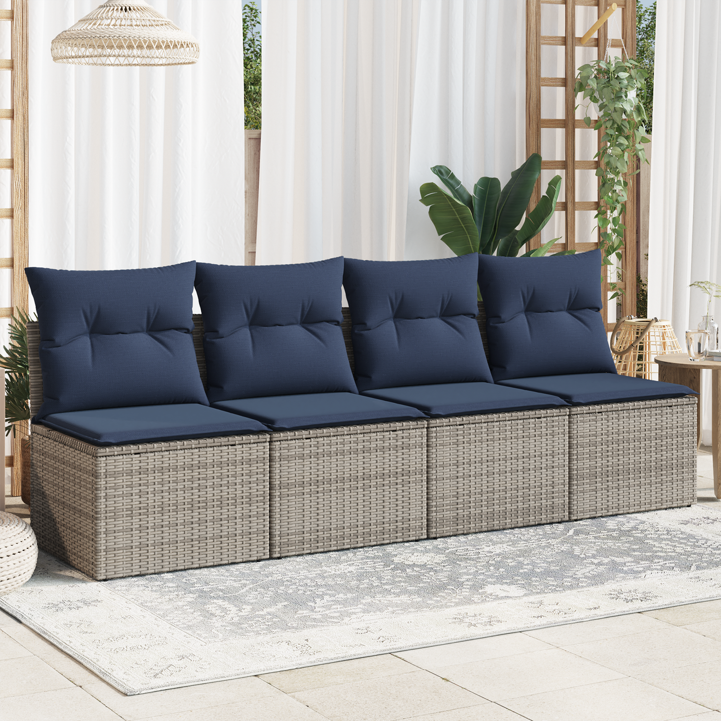 vidaXL | Gartensofa | mit Kissen Grau 220 x 62 x 69cm Poly-Rattan