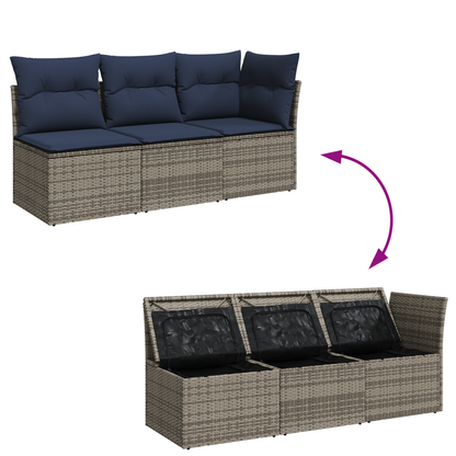 vidaXL Gartensofa mit Kissen 3-Sitzer Grau Poly Rattan