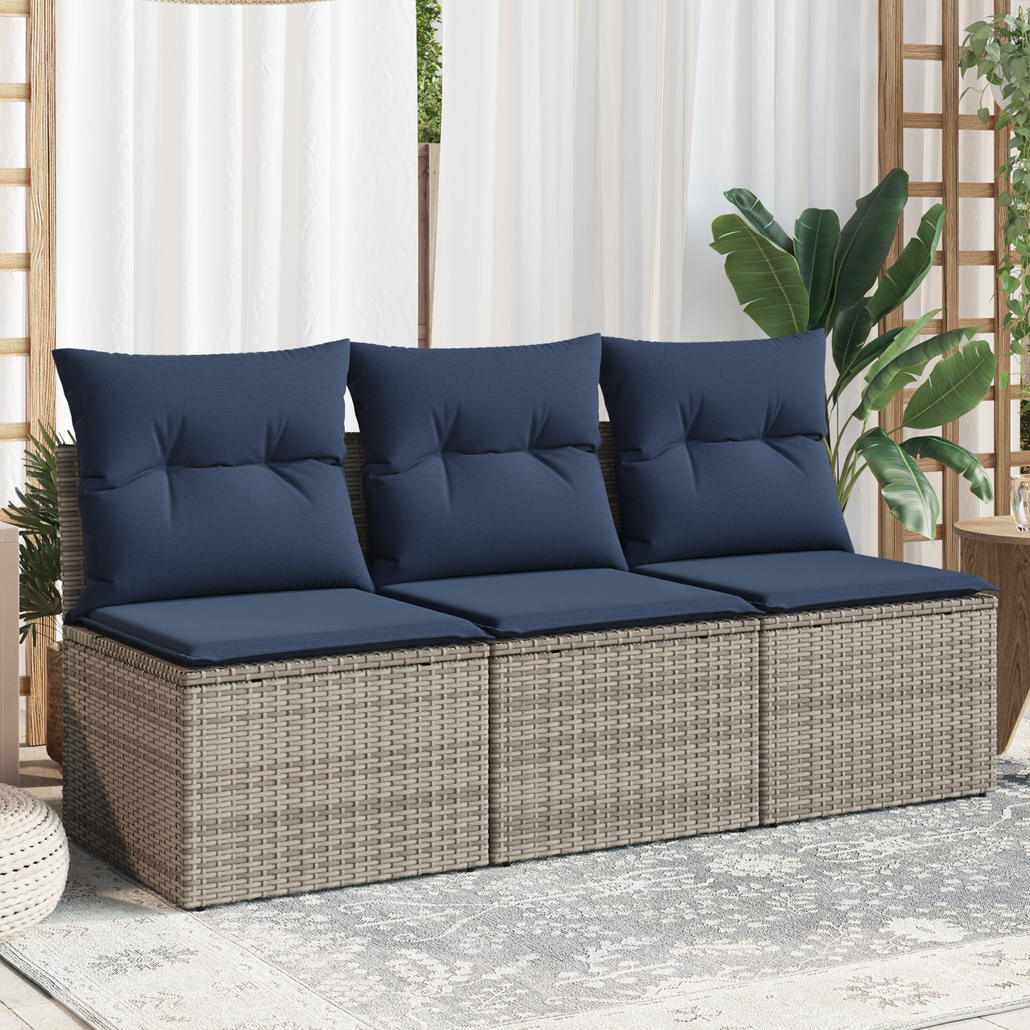 vidaXL Gartensofa mit Kissen 3-Sitzer Grau Poly Rattan