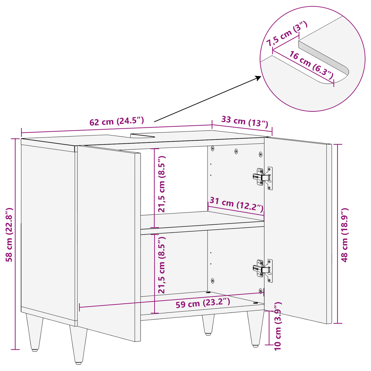 vidaXL Waschbeckenunterschrank mit Speicher Honigbraun 62 x 33 x 58 cm