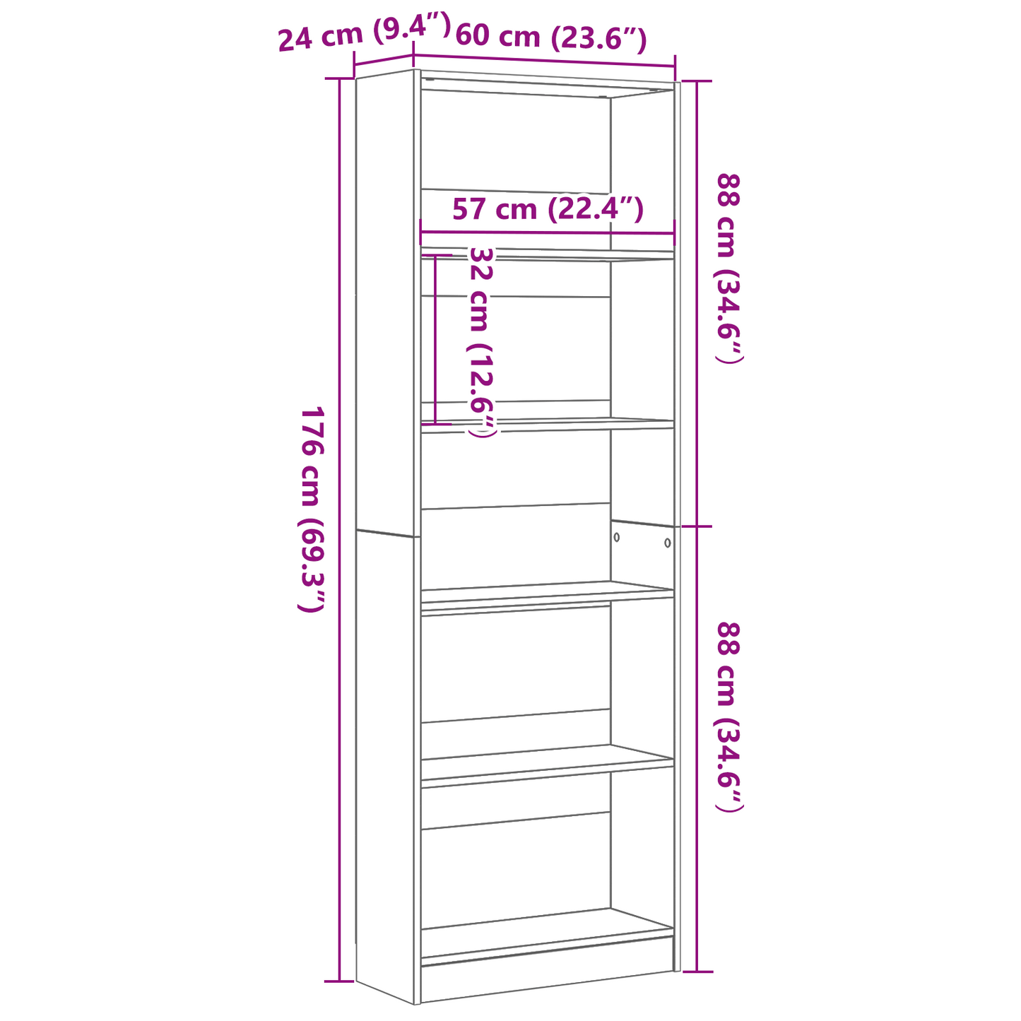 vidaXL Bücherregal Schwarz Eichen-Optik 60 x 24 x 176 cm Holzwerkstoff