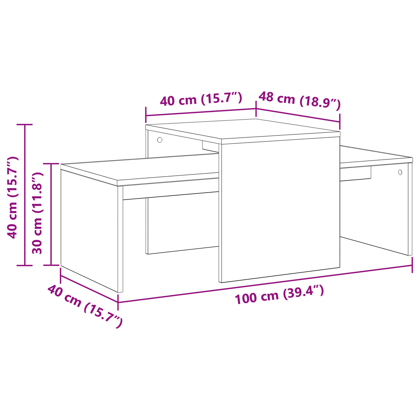 vidaXL Satztische Schwarz Eichen-Optik 100 x 48 x 40 cm Holzwerkstoff