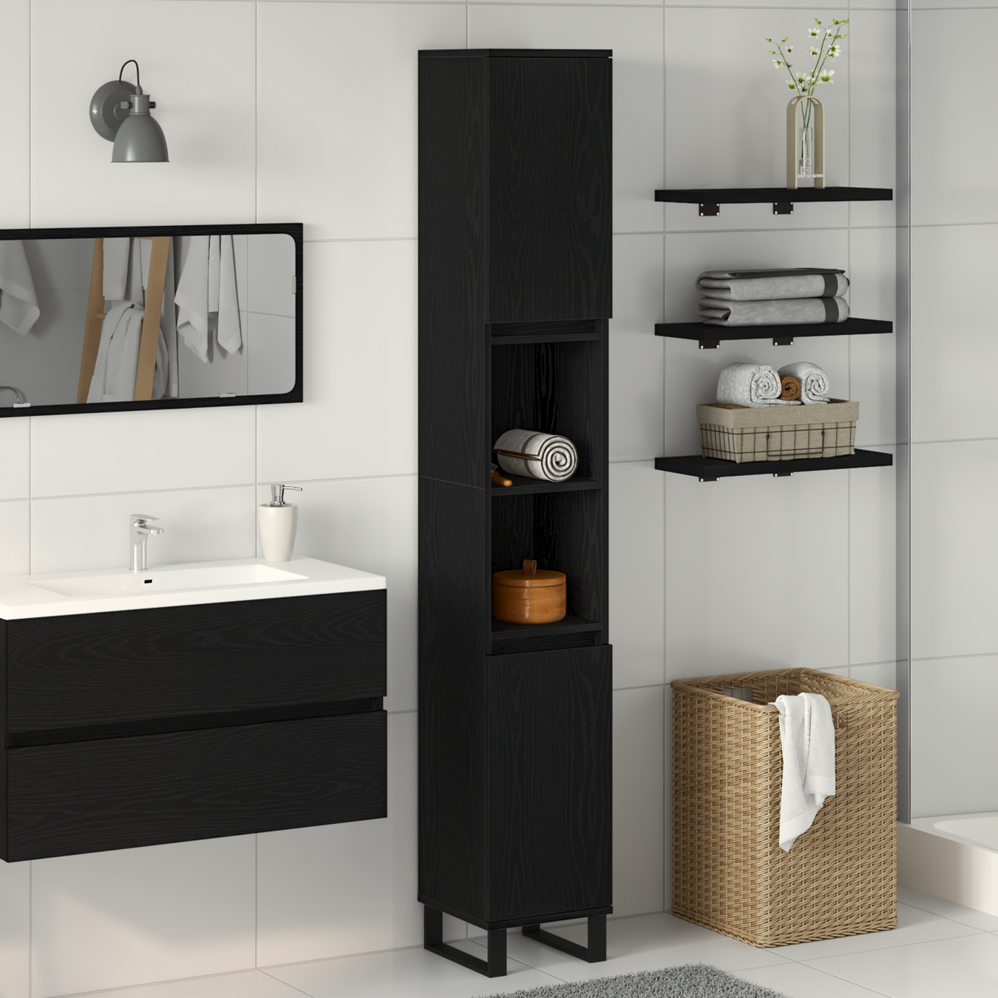 vidaXL Badezimmerschrank mit Tür Schwarz Eichen-Optik 30 x 30 x 190 cm