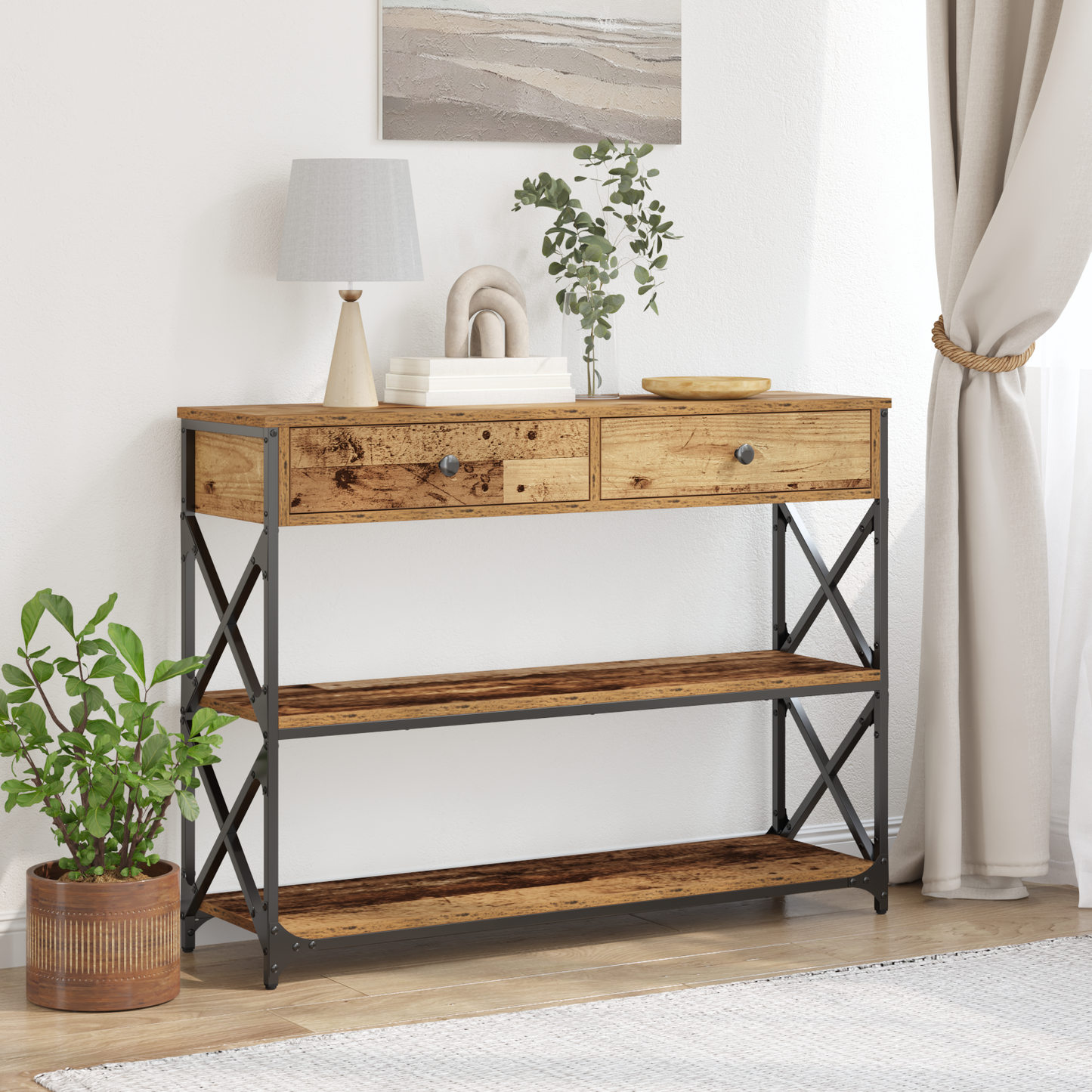 vidaXL Console Table en Bois de Récupération 100 x 28 x 75 cm Bois Lamellé et Métal