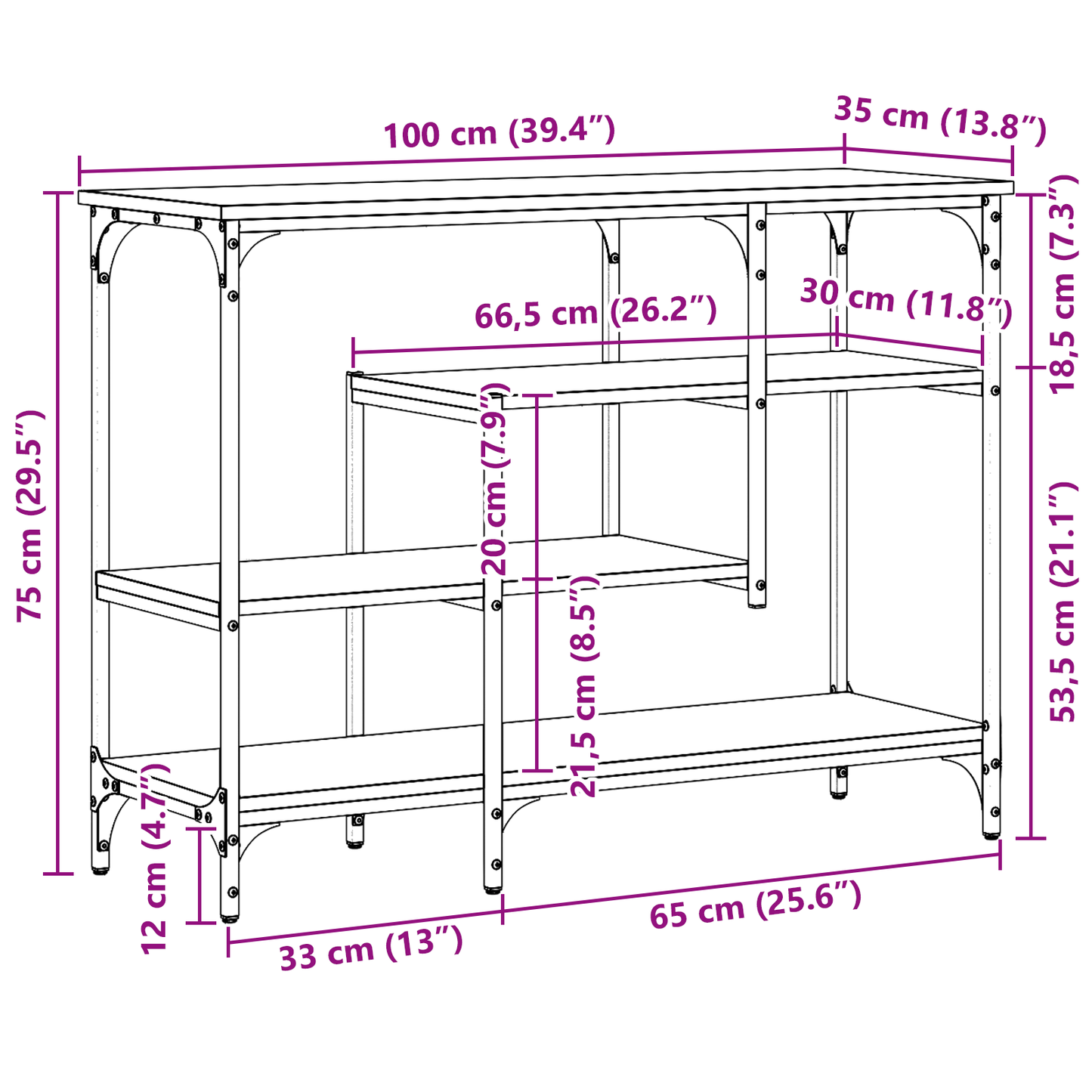 vidaXL Table console avec étagère Noir aspect chêne 100 x 35 x 75 cm